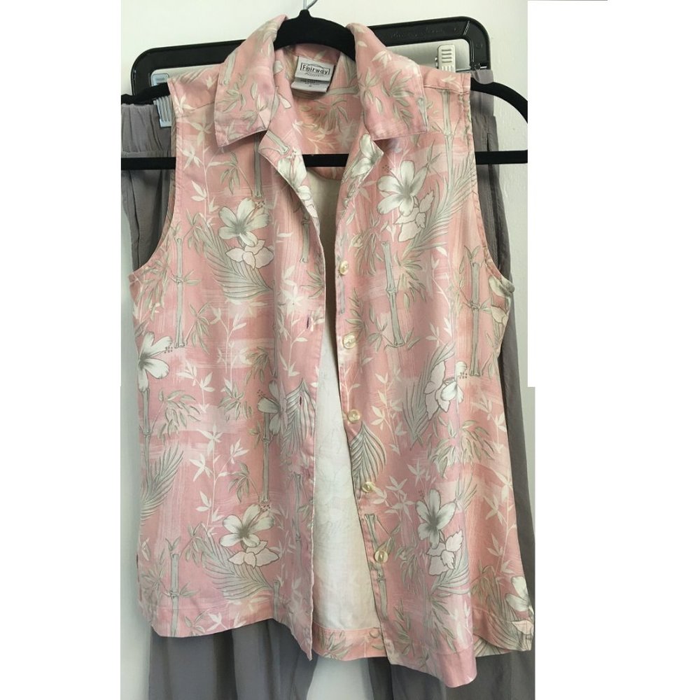 100% silk tropical print S blouse + KIMCHI BLUE S